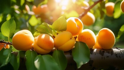 Sun Drenched Ripe Apricots Nestled Amongst Vibrant Green Leaves Harvest Summer