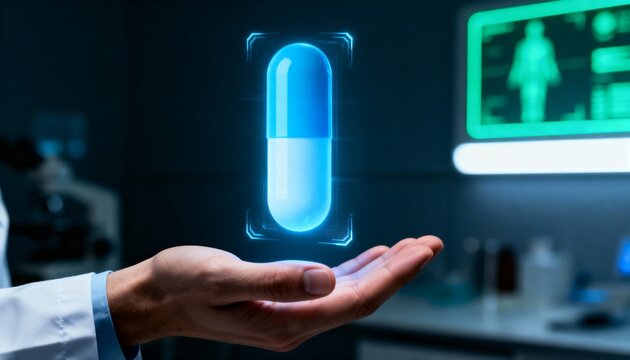 A healthcare professional displays a holographic, glowing blue and white medication capsule in a futuristic lab setting.