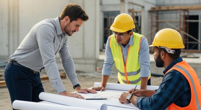 Diverse construction team collaborating on architectural blueprints, meticulously planning crucial project details at a dynamic urban development site, ensuring future progress - Powered by Adobe
