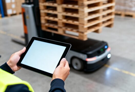 Hands holding a tablet overseeing an automated guided vehicle transporting wooden pallets in a modern warehouse.