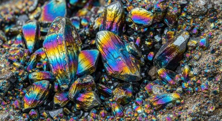 Iridescent rare earth minerals showcase a dazzling spectrum of rainbow colors, revealing geological wonder with metallic luster and abstract beauty