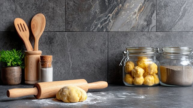 Croissants lie on a rolling pin, surrounded by kitchen essentials, showcasing a warm and inviting baking atmosphere - Powered by Adobe
