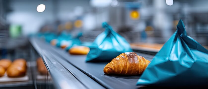 Breads and rolls on a conveyor belt await packaging, showcasing various shapes and textures in a clean bakery environment