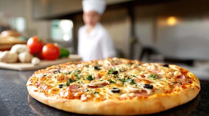 Two hot pizzas sit on a wooden table while restaurant staff prepare for customers in a modern setting