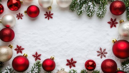 Decorative christmas ornaments and snowflake accents festive holiday atmosphere flat lay arrangement winter wonderland cheerful spirit seasonal decor inspiration