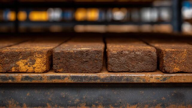 93Close-up macro shot showing rough brick surfaces stacked on steel shelving, rich reds and yellows contrasting against the gray industrial background