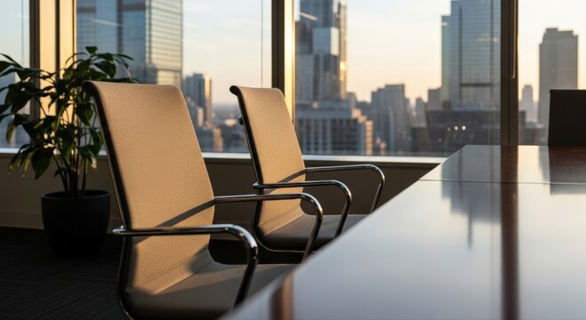 Modern conference room chairs await a high-level meeting, bathed in the warm, golden glow of a city sunset, overlooking a vibrant urban skyline