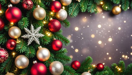 Festive christmas decorations holiday season ornament display evergreen background close-up shot joyful vibes celebratory atmosphere