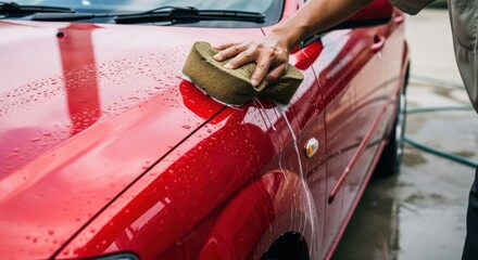 Person meticulously washing vibrant red car exterior with a soapy sponge, ensuring pristine cleanliness and a dazzling shine under bright daylight