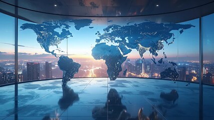 Global Network Visualization a Digital World Map Displayed in Futuristic Office with Cityscape View during Sunset, Reflective Floor and Abstract Silhouette - Powered by Adobe