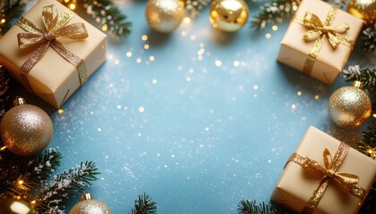 Festive holiday gift arrangement cozy indoor setting decorative image christmas environment aerial view celebration concept with glittering ornaments and presents