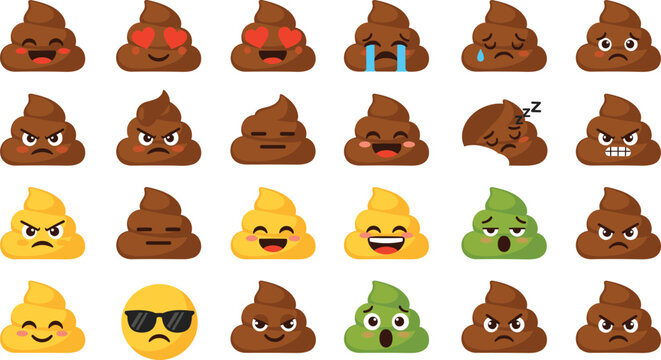 Cute poop emoji vector set featuring multiple facial expressions, emotions, and colorful variations for messaging, stickers, playful designs, and fun digital illustrations.
