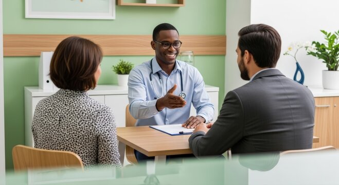 Professional African American doctor provides friendly medical consultation, offering empathetic guidance to a diverse couple in a modern, light green office environment