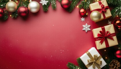 Festive holiday decoration home setting flat lay arrangement cheerful atmosphere vibrant colors christmas gifts and ornaments seasonal celebration cozy environment