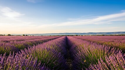 Rows of blooming lavender stretch to the horizon under a clear, bright blue sky