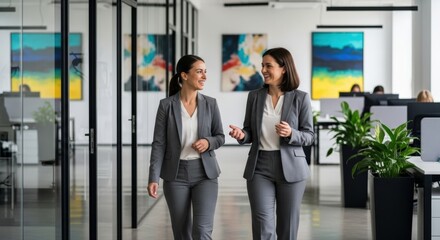 Professional businesswomen joyfully collaborate discussing work projects walking through a contemporary office space, exemplifying modern corporate dynamics and success