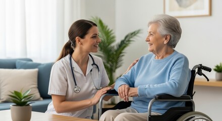 Professional caregiver offers compassionate assistance to smiling senior woman in wheelchair, promoting health and happiness in a modern home