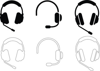 Headset and Microphone Vector Icon Set – Customer Support and Call Center Symbols