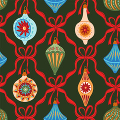 Retro Christmas ornaments toys, preppy coquette bows winter holiday seamless pattern, wrap, textile