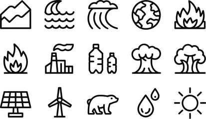 Collection of environmental icons representing nature pollution renewable energy and climate change in a simple black and white line art style