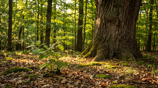 followership. A young sapling grows beside a mature tree in a sun-dappled forest, symbolizing the cycle of life. ESG reports, sustainability campaigns, designed for environmental awareness campaigns