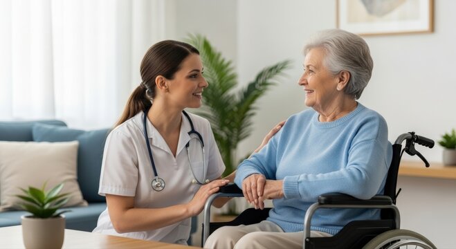 Professional caregiver offers compassionate assistance to smiling senior woman in wheelchair, promoting health and happiness in a modern home