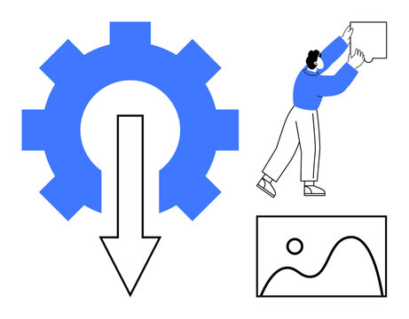 Process optimization concept. Simplified gear with arrow streamlined processes, human adjusting layout for process improvement. Process, efficiency, and workflow application. Great for technology