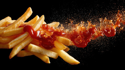 French fries ketchup splash golden potato crispy texture fast food snack black background studio lighting dynamic motion macro detail cascade of golden french fries with vibrant ketchup splash