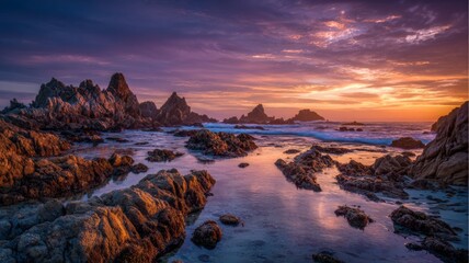 Dramatic rocky coastal landscape at sunset with golden sky reflections and rugged shoreline