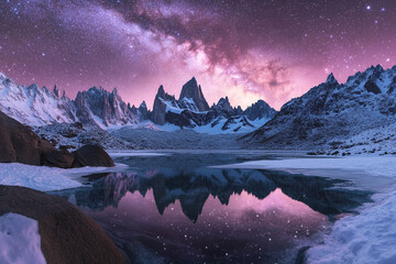 The Milky Way arches over snow-covered mountain range, its colors reflecting in icy alpine lakes