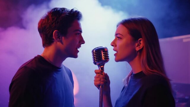 Young caucasian couple singing a passionate duet into a vintage microphone on stage. Male and female vocalists performing a love song together during a live concert - Powered by Adobe