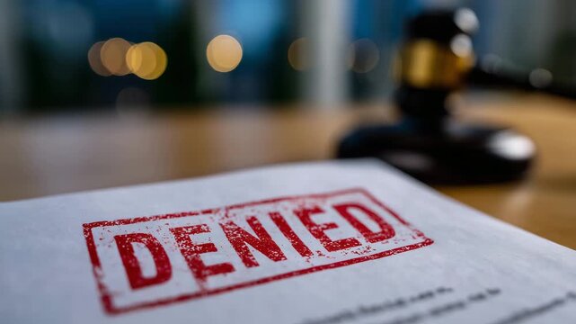 215Document with large red DENIED mark, shallow focus on the stamp, blurred office background, representing refusal, failure, or halted process