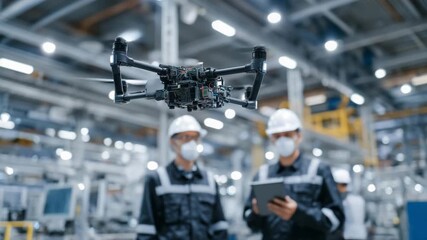 221Industrial setting with UAVs on automated line, close-up on metallic joints and wiring, engineers checking instruments, futuristic and precise engineering vibe