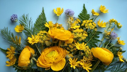 Midsummer Bouquet With Yellow Wildflowers Buttercups And Herbs Symbolic Floral Flat Lay For Summer Solstice Litha Folk Festivals Nature Celebration Natural Rituals Scandinavian Style
