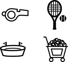 Tennis equipment and facilities including a whistle a tennis racket with a ball a stadium and a cart full of balls represented as outline icons