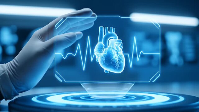 Gloved Hand Interacting with Blue Holographic Brain Interface in a Futuristic Blue Laboratory Setting Optimized for Adobe Stock Photo