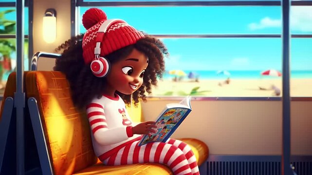 Brightly dressed young girl in red and white striped pajamas wearing headphones reading tablet on a sunlit bus overlooking a tropical beach