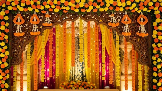 Stunning marigold flower decorations create a vibrant Indian wedding backdrop with intricate wooden archway and colorful drapes ideal for celebration