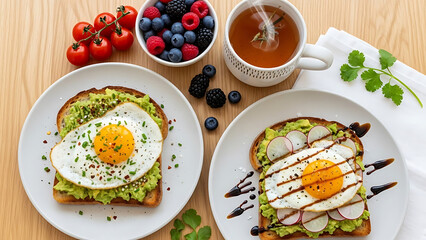 Deliciously healthy breakfast spread featuring avocado toast with fried egg and berries, alongside a cup of tea