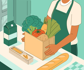 Woman unpacking groceries from store to prepare meals. Home cooking, grocery shopping, healthy eating concept. Isometric vector illustration.