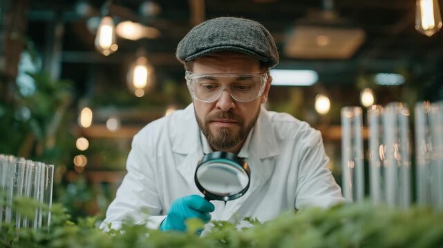 238Plant researcher examining seedlings with magnifying glass, glass tubes containing sprouts arranged neatly, soft industrial lighting creating scientific ambiance