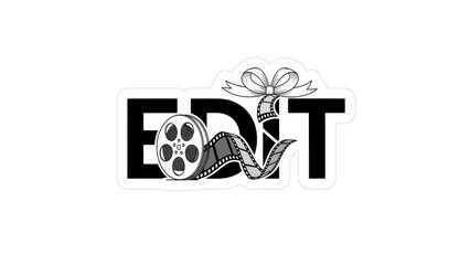 Film reel graphic design with text and decorative ribbon element  