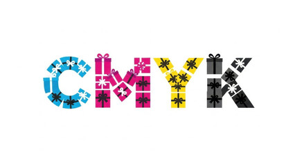 CMYK letters made from colorful ink splatters on white background  