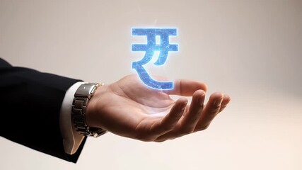 Glowing Rupee Symbol Floating Above Open Hand in Dark Suit Sleeve Against Cream Background Representing Financial Opportunity and Future Prosperity