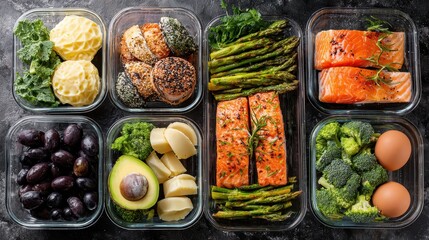 Organized glass meal prep containers with keto friendly foods showing systematic healthy preparation in clean kitchen environment perfect for diet program meal planning and fitness nutrition concepts