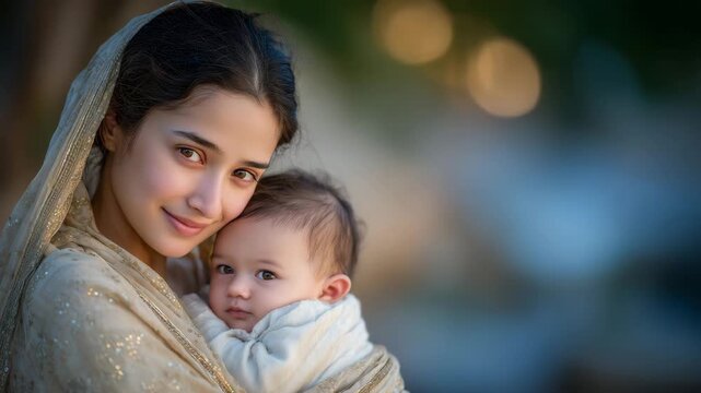 252Elegant mother holding infant in warm hug, golden sari shimmering subtly, soft-focus background with natural daylight, capturing maternal affection
