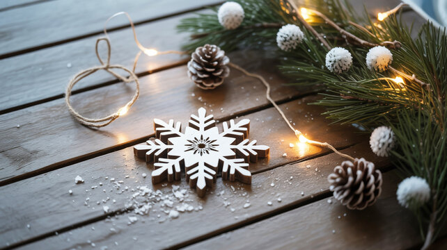 Christmas decoration with snowflake, pine cones, lights and fir branches on a wooden table, holiday