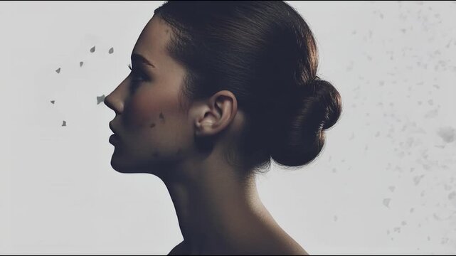 Surreal portrait double exposure female profile mental health inner cage concept with abstract silhouette design, introspective shattered fragments and window light, moody emotion blends hope