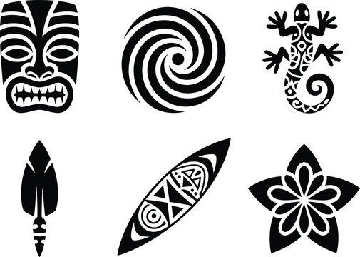 Black and White Vector Collection of Polynesian Tribal Icons Including Tiki Mask, Swirl, Gecko Lizard, Decorative Feather, Patterned Surfboard, and Tropical Flower Design Elements.