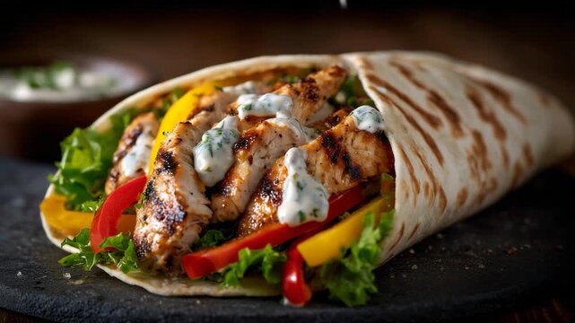 267Close-up of a warm tortilla wrap bursting with seasoned grilled chicken, crisp lettuce, red and yellow bell peppers, and drizzled sauce, vibrant and appetizing